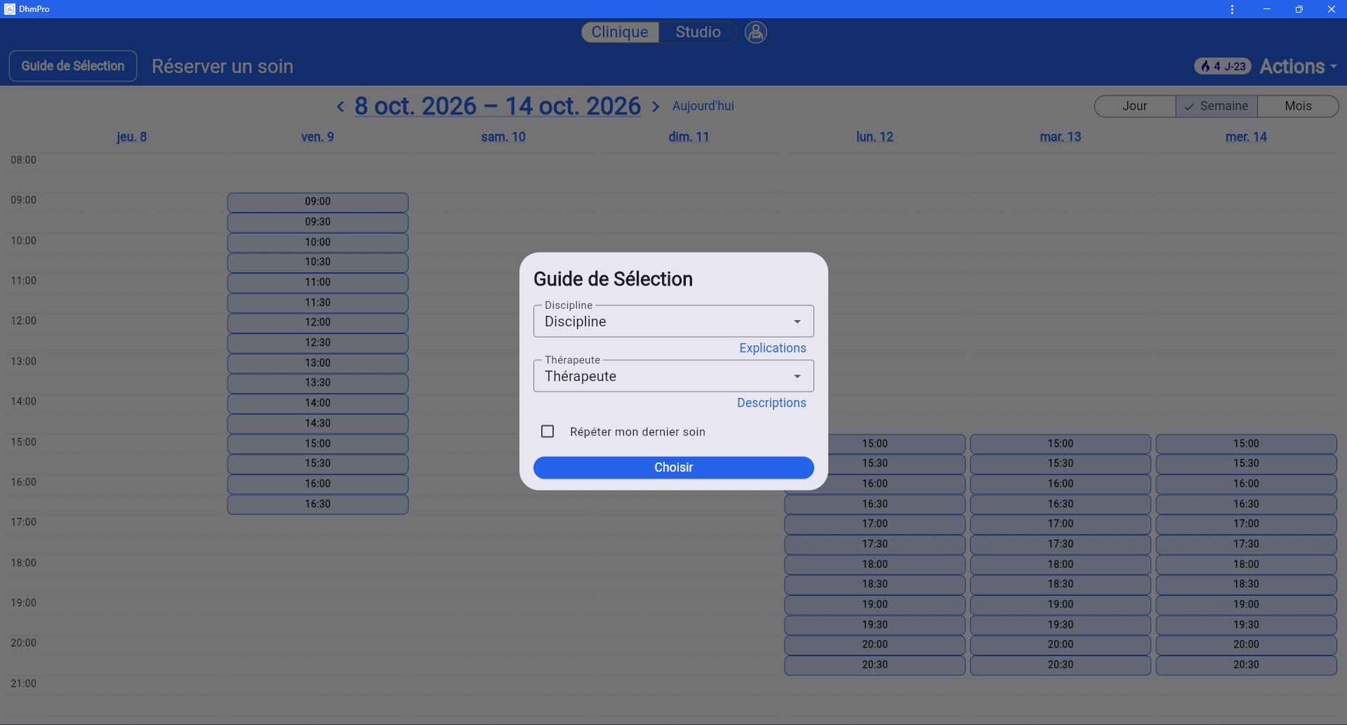 DhmPro — semaine de disponibilités et guide de sélection du soin